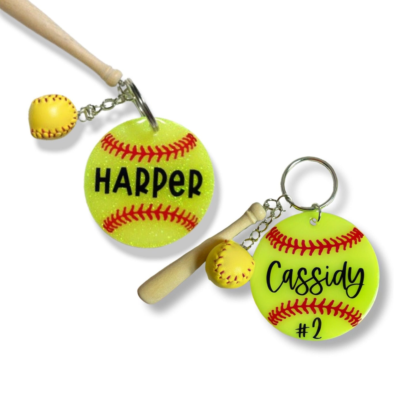 Personalized Softball Keychain With Bat And Ball, Softball Player Gift, Bat Bag Flair, Team Gift, Coach Gift, Custom Softball Keychain