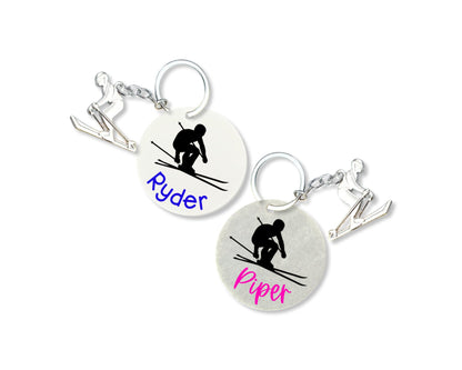 Custom Ski Keychain With Skier Charm Attachment, Personalized Ski Bag Name Tag, Skier Gift, Ski Team Gift, Ski Bag Tag, Stocking Stuffer