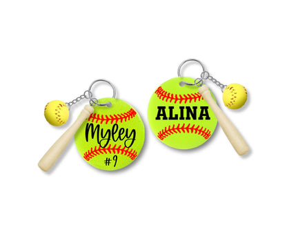 Personalized Softball Keychain With Bat And Ball, Softball Player Gift, Bat Bag Flair, Team Gift, Coach Gift, Custom Softball Keychain